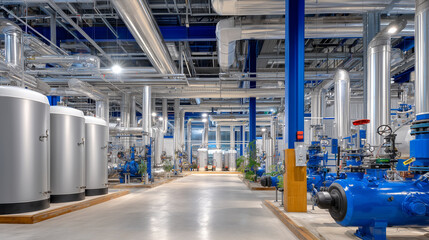 Modern boiler room with rows of cylindrical gas boilers, steel tanks standing adjacent, safety valves and pressure gauges detail the complex pipework in an efficient layout.