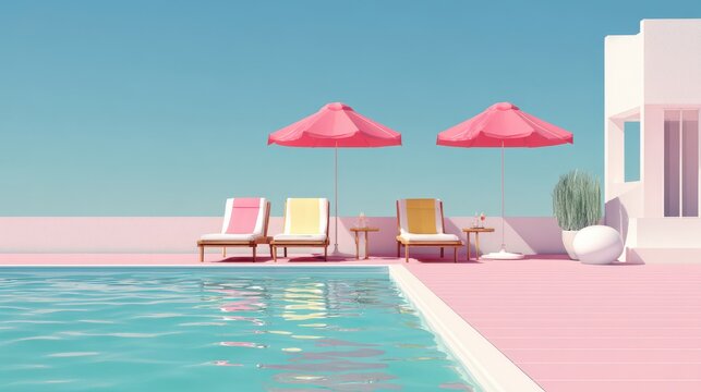 Stunning photo of swimming pool with beach umbrella and chairs. Pink summer vacation concept.