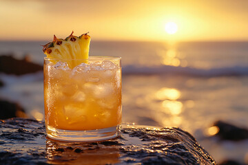 A refreshing iced tropical cocktail garnished with pineapple, set on rocks by a shimmering ocean at sunset.