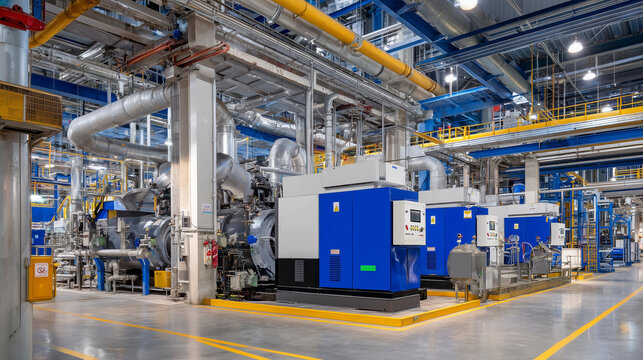 Panorama of a high-tech boiler room with giant gas boilers and complex piping systems, safety signage and digital controls underscore efficient industrial heating operations.