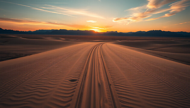 Tire tracks lead across rippled sand dunes towards a dramatic sunset.