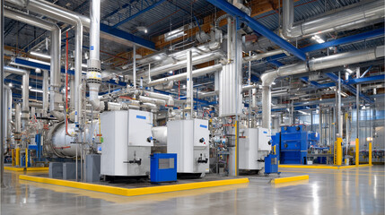 Fototapeta premium Modern gas boiler room with large cylindrical boilers, surrounded by a labyrinth of stainless steel pipes and safety valves, digital monitors displaying temperature and pressure re