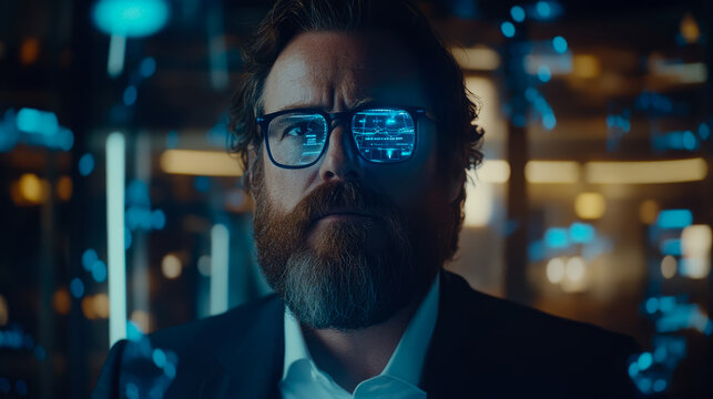 Data Visualization Concept: Man with augmented reality interface reflected in glasses