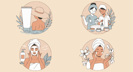 Beauty and skincare. A set of color vector illustrations on the topic of skin care in different life situations.  Multilayer SVG file without gaps between paths.