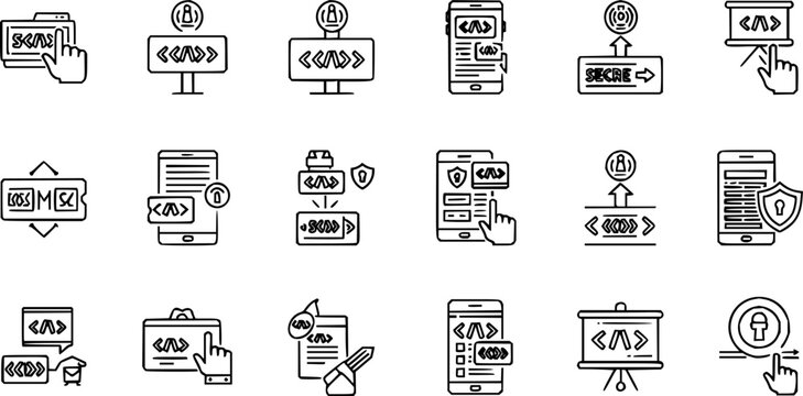 Secret code access thin line icon set. Containing fingerprint, scan barcode or QR scanner, pattern, coding, cyber security pin technology, password, face lock or ID, padlock, error, and hacker vector