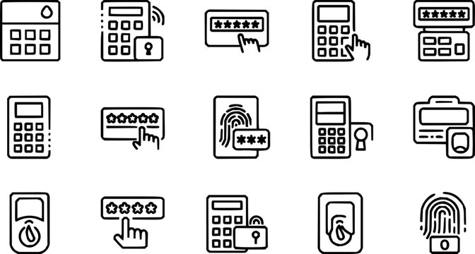 Secret code access thin line icon set. Containing fingerprint, scan barcode or QR scanner, pattern, coding, cyber security pin technology, password, face lock or ID, padlock, error, and hacker vector
