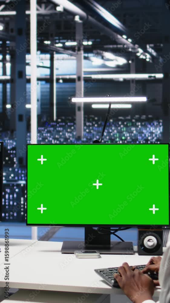 Aufkleber vertical video data center manager overseeing team of technicians managing ai systems using green sc