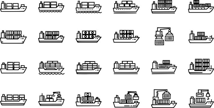 Delivery container ship thin line icon set. Containing shipping storage, cargo crane, freight, truck, and dockyard. Vector illustration