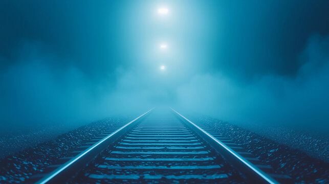 A misty scene of railway tracks illuminated by overhead lights, fading into dense blue fog.