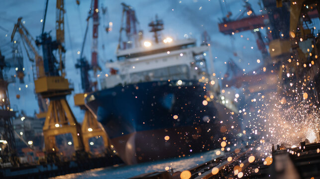 Close-up of shipbuilders welding and painting the side of a colossal ship on a floating dry dock, sparks flying in a busy industrial environment with towering cranes overhead.