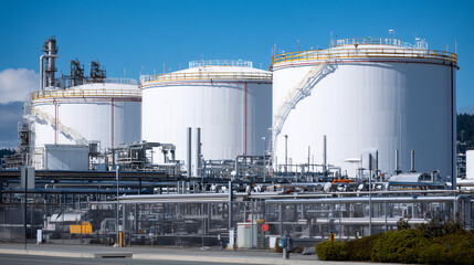 Obraz premium Industrial complex with several colossal storage tanks aligned neatly, network of metal pipes and valves crisscrossing between tanks, all under bright daylight.