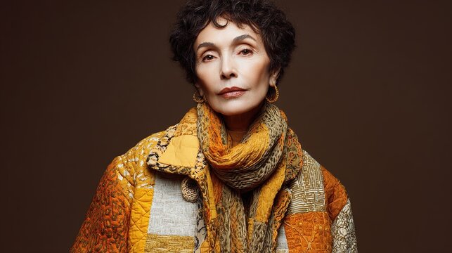 Woman with curly hair in yellow patchwork coat, shawl on brown background