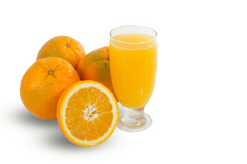 Glass of fresh orange juice drink and oranges, isolated on white background.. Nutrition and health concept