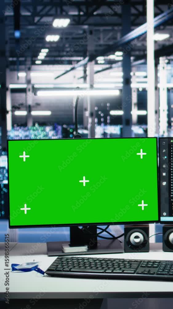 Poster vertical video data center green screen computers showing neural network visualization and code debu