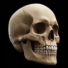 Obraz premium A detailed anatomical view of a human skull with visible sutures and teeth, set against a stark black background.