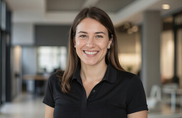 Obraz premium Portrait of smiling woman in 30s wearing black polo shirt in modern office. Embodies pro, preppy style with athletic attire. Blissful expression, confident look suit corporate settings, business