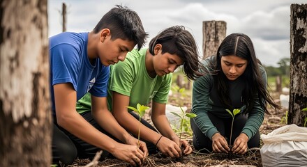 Young people planting trees to protect the environment