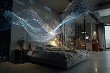 Innovative sleep solutions: digital waves in a modern bedroom. Herbal capsules. Natural sleep remedies: balancing doshas for better rest. Sleep disorders. Healthy sleep.