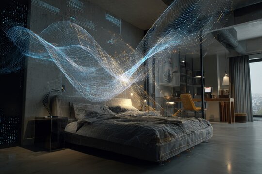 Innovative sleep solutions: digital waves in a modern bedroom. Herbal capsules. Natural sleep remedies: balancing doshas for better rest. Sleep disorders. Healthy sleep.