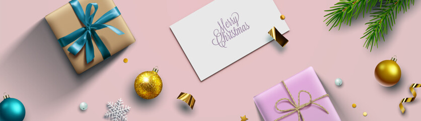 Christmas background, banner, frame, header, background or greeting card design with christmas decor including baubles, gift boxes, fir tree cuttings, glitter and confetti. Vector Illustration.