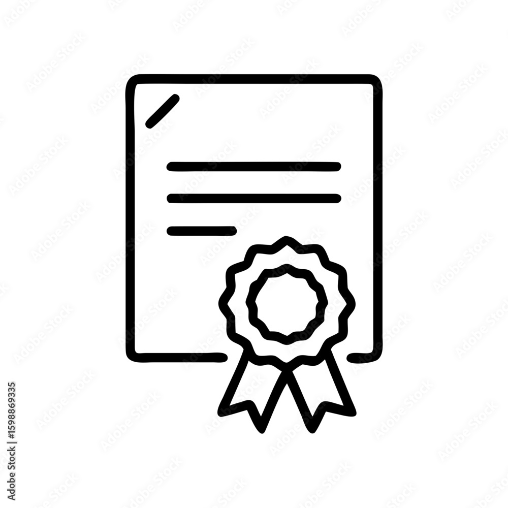Poster outline drawing of a document with lines and a seal with ribbons, simple and clean design style imag