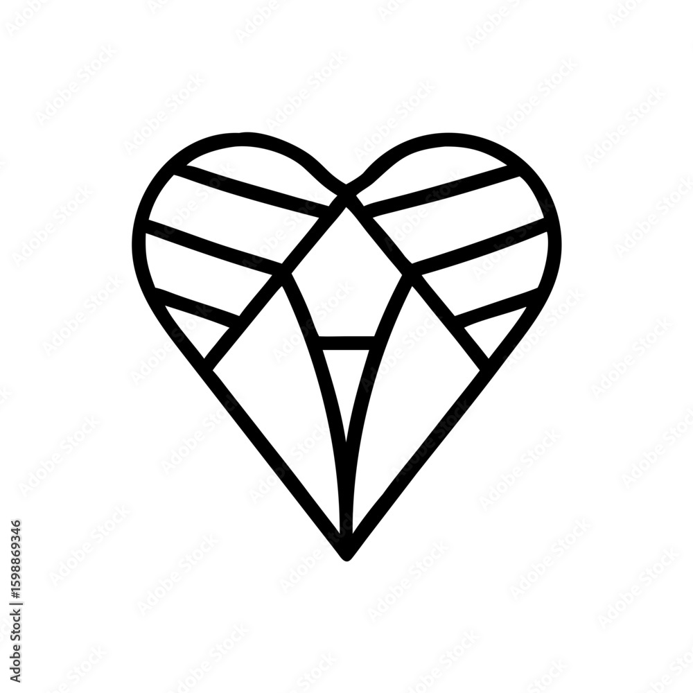 Poster geometric heart design with horizontal lines and angular shapes in a minimalist style outline drawin