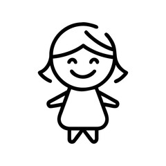 Simple graphic of a smiling child with short hair and a dress in a minimalist style drawing