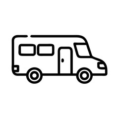 Outline drawing of a recreational vehicle with windows and wheels on a white background simple design