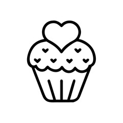 Simple cupcake with heart topping and small hearts on the frosting design in black outline style