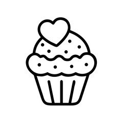 A delightful cupcake with a heart on top and sprinkles, presented in a simple outlined graphic style