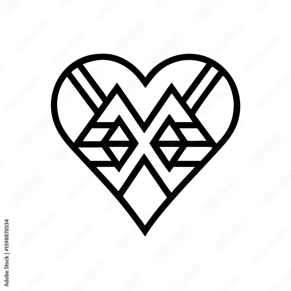Poster Geometric heart shape design with internal angular patterns and bold black outline style symbol design