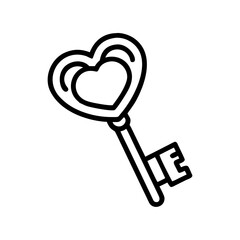 A single heart shaped key with a simple outline design isolated on a white plain background view