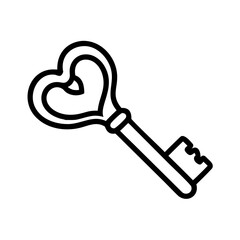 A simple graphic showing a heart shaped key in black outline on a white isolated background design element