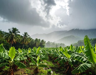 Lush banana plantation during a tropical storm