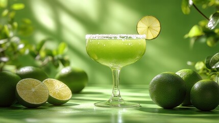 Refreshing margarita cocktail with lime garnish on vibrant green background