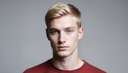 Young Irish man, blonde hair, blue eyes. Studio portrait. Neat hairstyle, serious expression. Confident look, casual attire. Youthful appearance. Head shot.