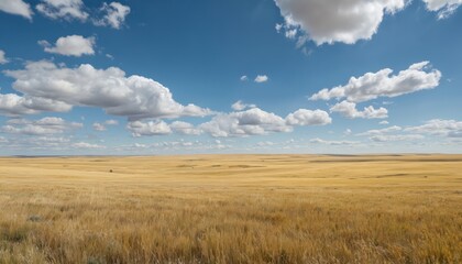 Expansive panoramic view of Great Plains under a vast blue sky with fluffy white clouds. Golden fields stretch to the horizon, conveying a sense of calm, spaciousness, and untouched wilderness.