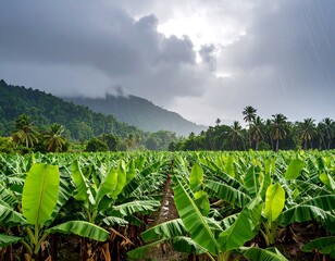 Lush banana plantation under a stormy sky