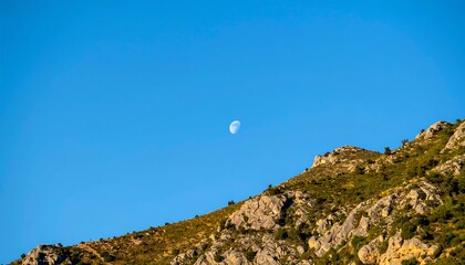A crescent moon hangs in a clear blue sky, above a hillside