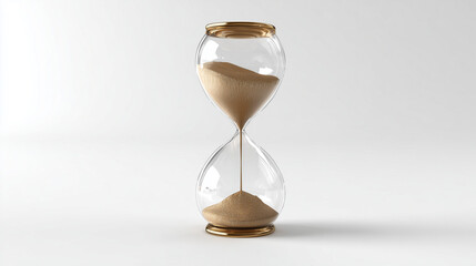 A 3d rendering of an hourglass in frontal view. The upper part of the glass is broken, while the lower half is intact and with sand