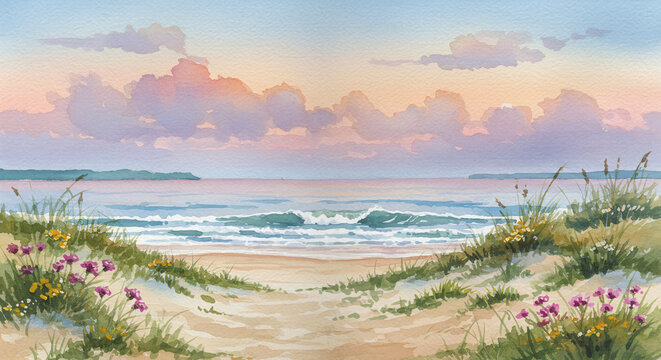 Vibrant Watercolor Coastal Sunset Landscape