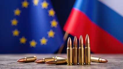 Metal bullets rest on a table symbolizing tension. In the background the flags of the European Union and Russia wave reflecting the geopolitical conflicts of the moment.