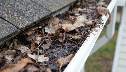 Clogged gutter filled with autumn leaves, dirt, moss. Image signifies need for home maintenance, cleaning services to ensure proper water flow, prevent structural issues. Ideal for illustrating