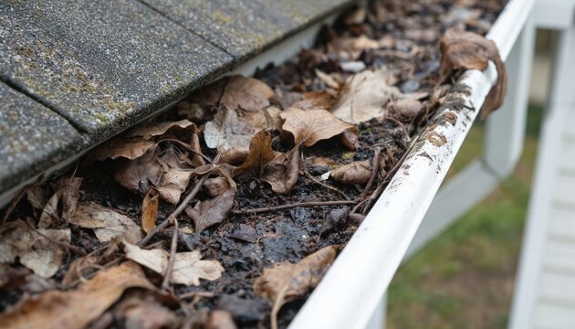 Clogged gutter filled with autumn leaves, dirt, moss. Image signifies need for home maintenance, cleaning services to ensure proper water flow, prevent structural issues. Ideal for illustrating