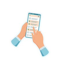 Sticker of hand holding phone. Mobile phone held by a users hand. Digital app shown on the smartphone screen, graphic style, suitable for social media, online business, and communication.