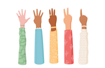Cartoon hands showing numbers with creative gestures set. Fingers in set, illustrating counting with diverse arm poses. Ideal for educational purposes and flat style school designs.