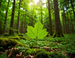 Lush forest floor with single vibrant leaf