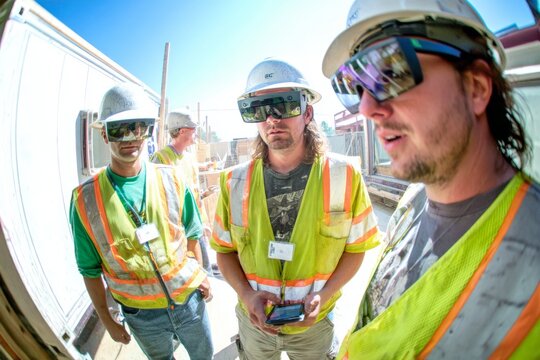 Augmented reality glasses transform construction site workflow. Team collaboration. Career pathways for new entrants in architecture and engineering. Career growth. Next-gen design. - Powered by Adobe