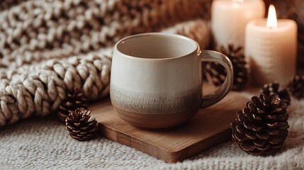 A cozy winter setup with a two-tone ceramic mug on a wooden coaster surrounded by pinecones candles and a soft wool blanket warm lighting real photo stock photography