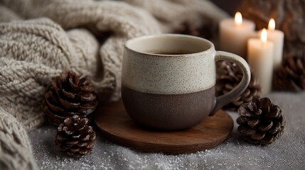 A cozy winter setup with a two-tone ceramic mug on a wooden coaster surrounded by pinecones candles and a soft wool blanket warm lighting real photo stock photography